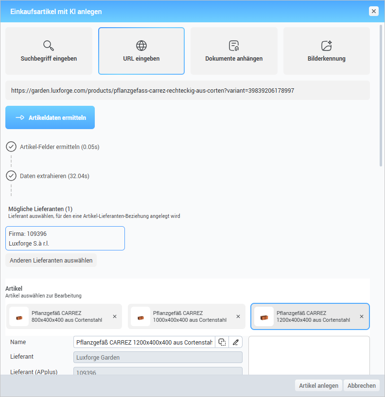 KI-gestützte Artikelanlage